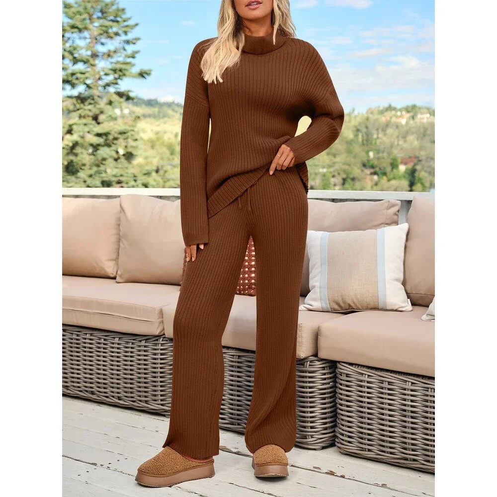 LILLUSORY Women's Brown 2 Two Piece Outfits Winter Clothes Turleneck Sweater S